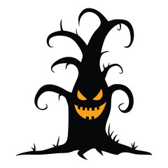 Haunted Halloween Tree Vector Design – Black Body with Creepy Orange Expression