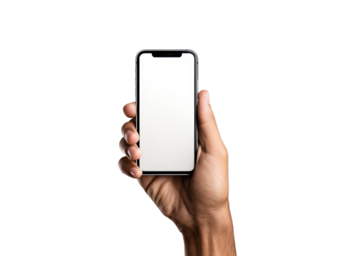 Person holding modern smartphone with blank white screen mobile, Isolated On Png Transparent Background