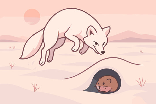 Cute arctic fox pouncing on prey hidden under snow in winter tundra at sunset, wildlife hunting behavior illustration