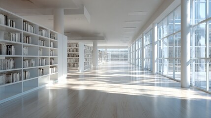 Empty Modern Library Interior with Bookshelves – Minimalist Background for Design and Web