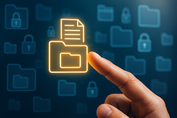 Finger Touching Glowing Digital Folder Icon Representing Online File Management and Secure Data Storage