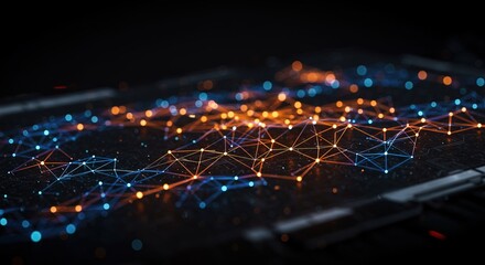 Dynamic network connections illuminate digital data flow with vibrant blue and orange lights