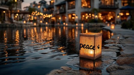A floating lantern with the word "peace" glowing on water