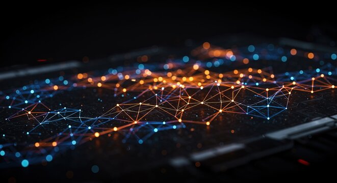 Dynamic network connections illuminate digital data flow with vibrant blue and orange lights