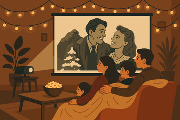 Warm family movie night illustration with vintage film projection, cozy blankets, string lights, and popcorn in a comfortable home setting