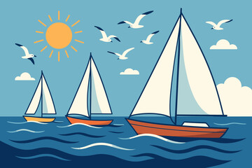 Fototapeta premium Illustration of sailboats on a sunny ocean with seagulls flying and blue waves under a clear sky