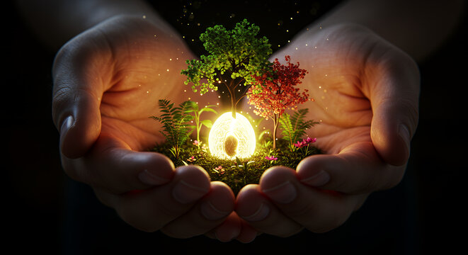 Gentle cupped hands cradle a glowing candle flame surrounded by vibrant green leaves and small red flowers symbolizing hope and new beginnings