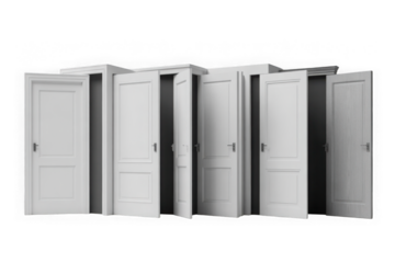 Set of white doors in various stages of opening, isolated on transparent background.