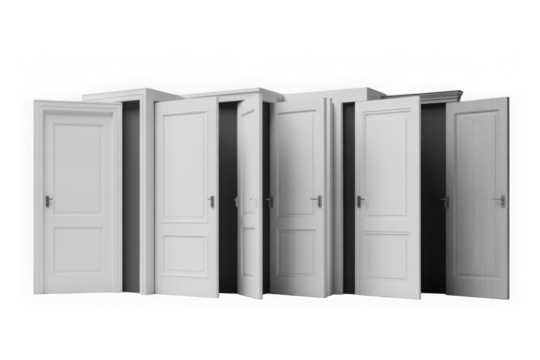 Set of white doors in various stages of opening, isolated on transparent background.