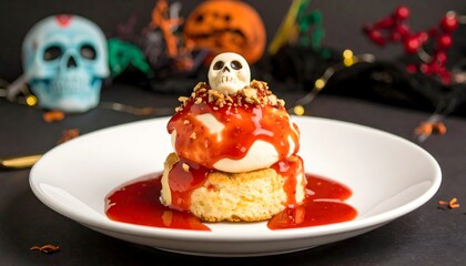 Obraz premium Halloween skull cupcake, blood-red raspberry sauce, spooky party dessert, festive autumn treat, fun holiday plate