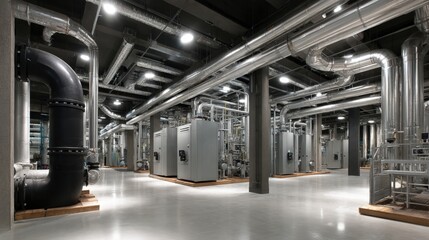 Industrial Boiler Room Interior with Extensive Pipework, Equipment, and Machinery for Heating and Cooling