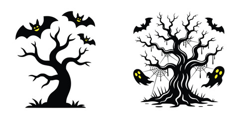 Scary Haunted Trees Vector – Creepy Spooky Halloween Forest Silhouette Illustration