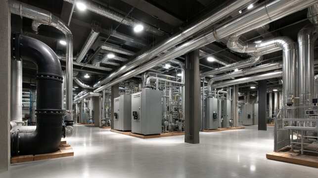Industrial Boiler Room Interior with Extensive Pipework, Equipment, and Machinery for Heating and Cooling
