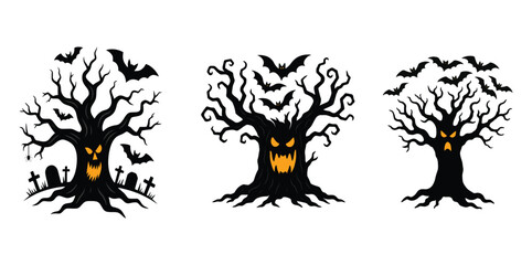 Scary Spooky Halloween Trees with Bats Illustration – Haunted Eerie Forest Vector