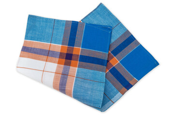 Folded men's handkerchief with checkered and striped patterns, isolated on white background.