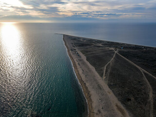 Aerial landscape of wrecked boat Mediterranean Sea sunset at shipwreck beach Thessaloniki