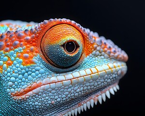 A striking close up ro photograph of a chameleon s colorful eye and textured scales