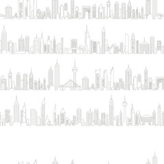 Fototapeta premium Seamless pattern of minimalist city skylines with various famous buildings and skyscrapers in outline style, suitable for backgrounds or design elements.