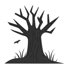 Spooky Halloween Tree Silhouette with Bat – Creepy Haunted Forest Illustration