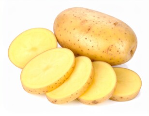 Fresh Yellow Potatoes Sliced on Wooden Cutting Board