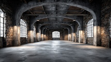 Obraz premium Dramatic Interior of an Empty Warehouse with Arched Windows and Concrete Floors for Industrial Projects