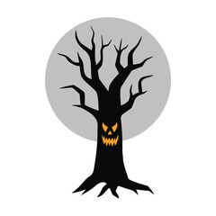 Spooky Halloween Tree with full moon Silhouette Cartoon – Black Tree with Glowing Orange Face