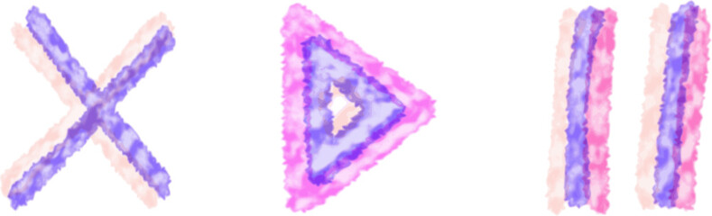 A set of vatercolor bleed vector icons: rotate, cross, and pause symbols in soft purple and pink, used for UI/UX design.