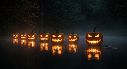 Spooky Jack-o'-lanterns Floating on a Misty Lake at Night