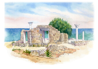 City landscape. Old house, tree, Watercolor. Sevastopol, Crimea. Drawing by hand.