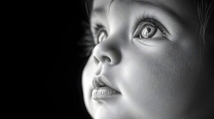 A black and white close up portrait of a baby s face in profile looking upwards with innocent wonder