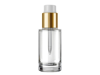 Naklejka premium Clear glass dropper bottle with gold accent and white cap liquid serum image, Isolated On Png Transparent Background