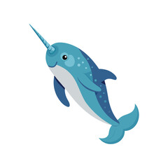 Obraz premium Happy cartoon narwhal with a blue body and a horn isolated on white background