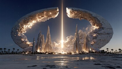 A futuristic monument with beams of light forming a giant peace sign in the sky