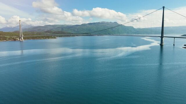 Aerial shot of the Halogaland Suspension Bridge near the town of Narvik in Northern Norway.