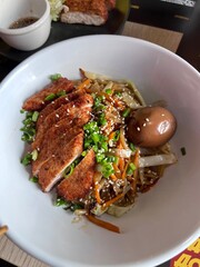 Asian cuisine: breaded chicken with noodles and smoked egg on a white plate, overhead view