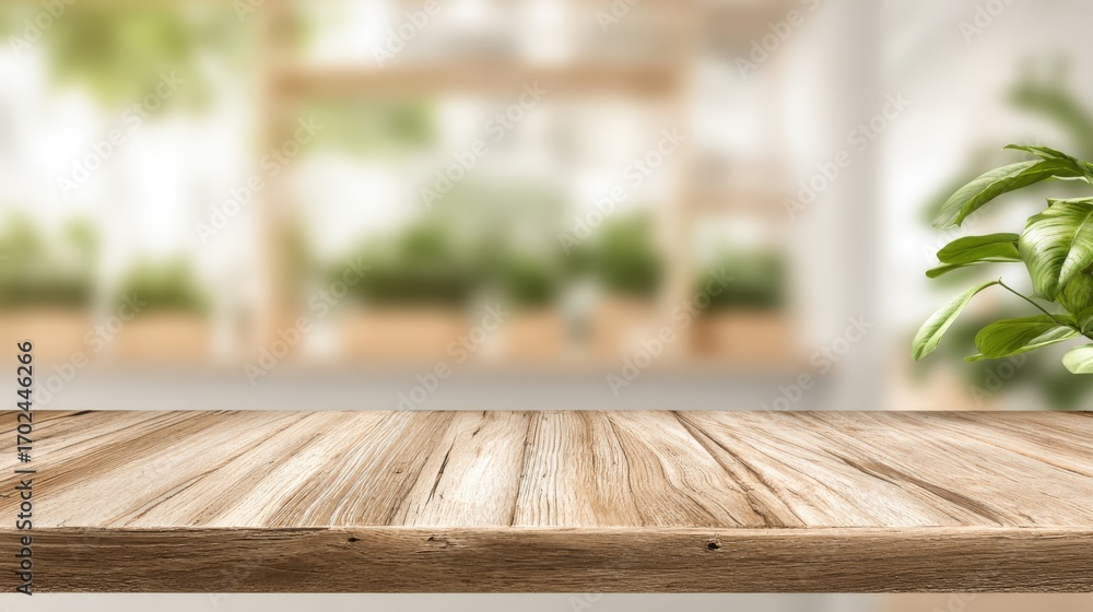 Poster empty wooden table with blurred greenery background, ideal for product mockups and display advertisi
