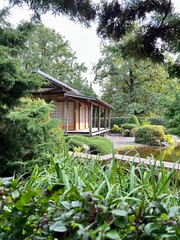 A Japanese house in a Japanese garden postcard in the thicket of bushes