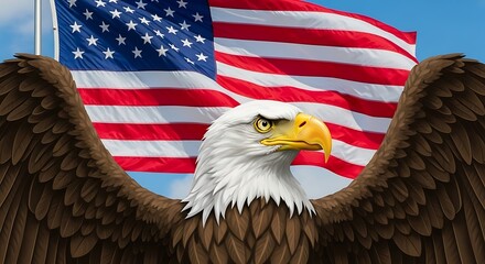 Majestic Bald Eagle Spreads Wings Before American Flag Symbolizing Freedom and Patriotism.