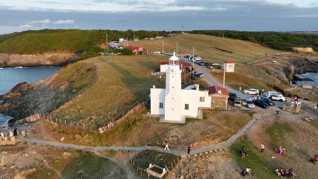 Inceburun Lighthouse in Sinop. Turkey. Inceburun is the northernmost point of the Turkey. Aerial shooting with drone.