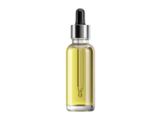 Clear glass bottle with yellow oil and dropper image, Isolated On Png Transparent Background