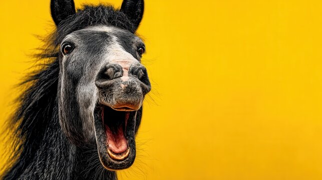 Horse with open mouth neighing on plain background