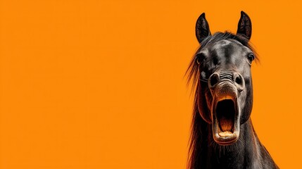 Fototapeta premium Horse with open mouth neighing on plain background