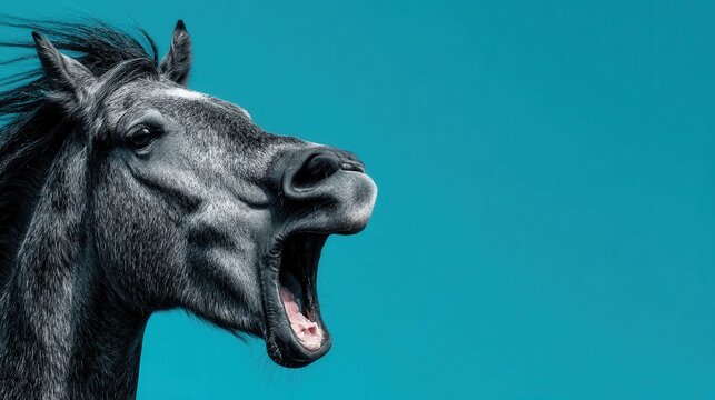 Horse with open mouth neighing on plain background