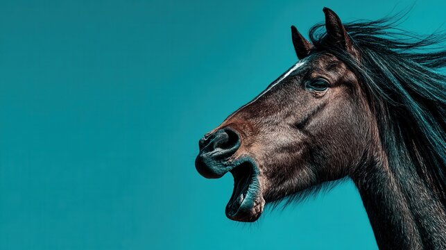Horse with open mouth neighing on plain background