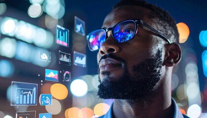 Man looking at digital data at night