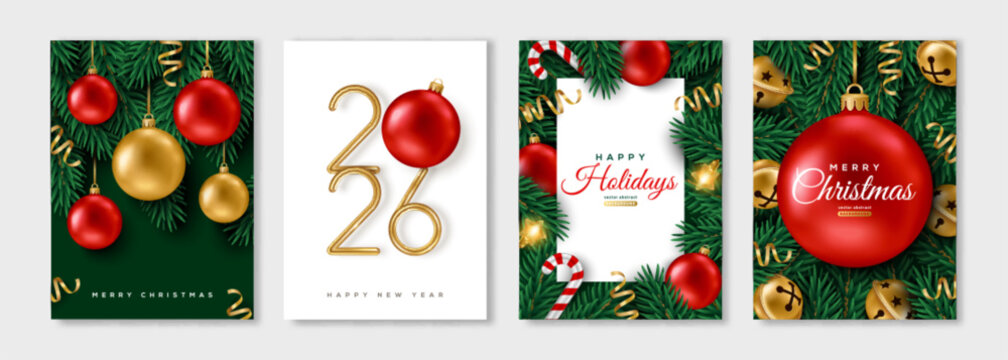 Merry Christmas 2026 Happy New Year poster set. Hanging red gold 3d Xmas toys, confetti and spruce fir tree. Vector illustration. Winter sale holiday decorations, golden jingle bells. Place for text - Powered by Adobe