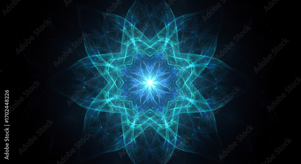 Poster abstract glowing blue and turquoise fractal energy pattern symmetrical design with a bright central 