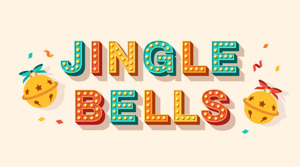 Jingle bells retro text logo, 3d vintage font with light bulbs. Vector illustration. Merry Christmas phrase quote. Typography graphic concept for holiday poster, Xmas print, banner
