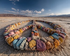 A giant peace symbol made of colorful stones in a desert under a clear sky