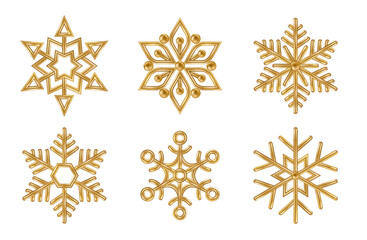3d Gold Snowflakes Icons Set. Bronze realistic Merry Christmas decoration isolated on white background. Golden Xmas Vector illustration. Snow flake shape bauble, Happy New Year winter symbol